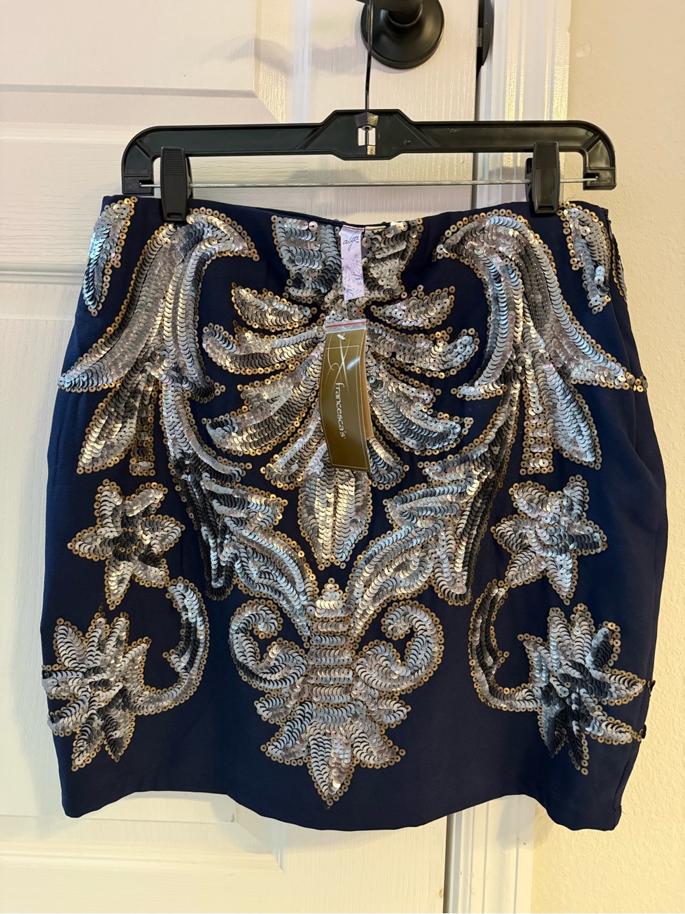 Francesca's Collections Navy Mini Skirt with Silver Sequin Embroidery